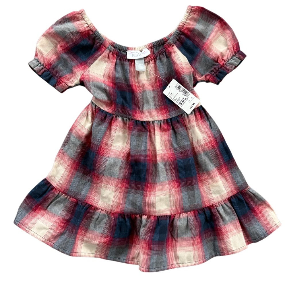 Childrens Place Short Sleeve Plaid Ruffle Dress 18-24 M NWT
